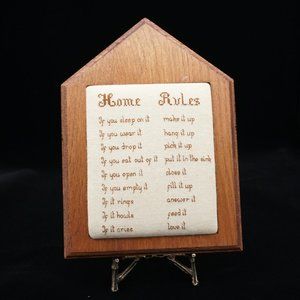 Vintage ‘Home Rules’ Hand Embroidered Plaque, 9”H x 7”W